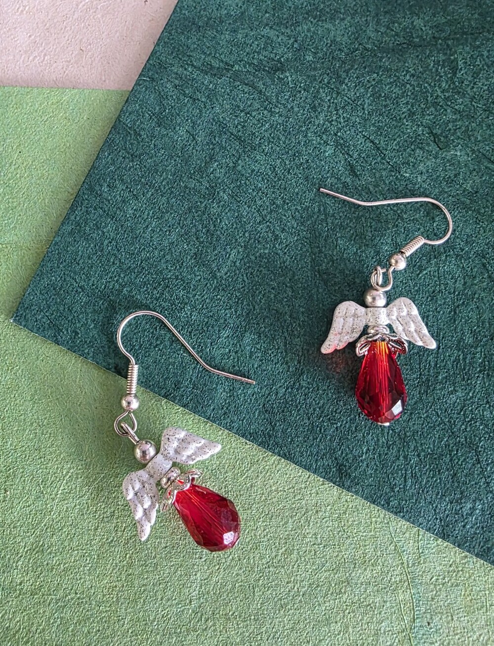 Silver Angel Red Teardrop Earrings